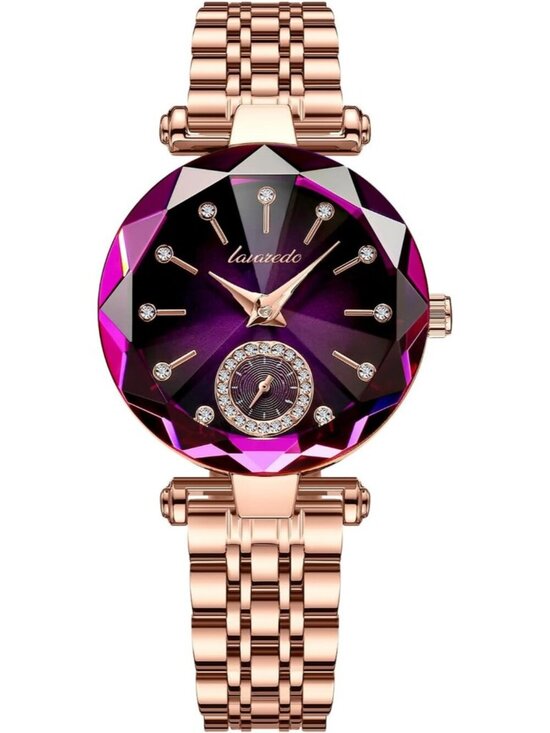 Accessories - Women Gold Purple Elegant Stainless Steel Analog Creative Diamond Dial Watch